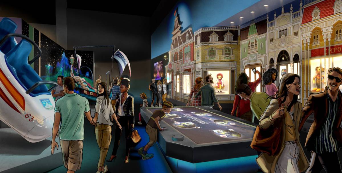 Alt Text: An artist’s rendering of the gallery titled “Your Disney World: A Day in the Parks” within Disney100: The Exhibition portrays guests walking around and looking at exhibits, artifacts, and interactive displays related to the Disney Parks, including full-size ride vehicles from the Matterhorn Bobsleds and Peter Pan’s Flight as well as a rendering of Main Street, U.S.A., that fills one wall.
