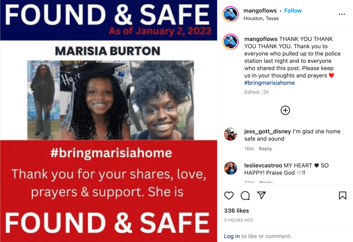marisia burton found safe