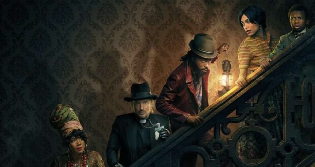 Haunted Mansion (2023) cast on staircase
