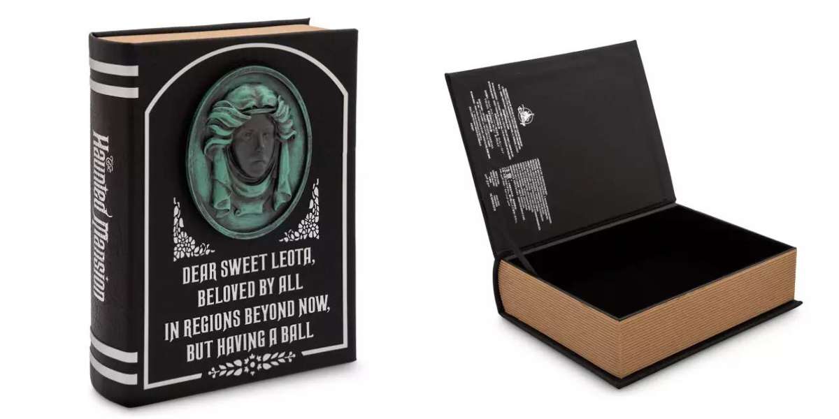 Haunted Mansion storage book box. Closed on one side of the image, open on the other.