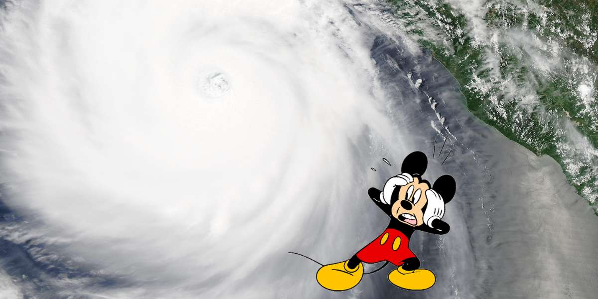 Storm clouds over Pacific Ocean with Mickey Mouse looking worried