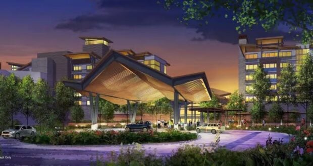 Artist rendering of the outside of Disney's Lakeshore Lodge at night