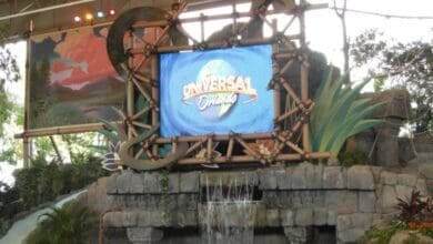 Universal Orlando logo on a bamboo-framed screen at the entrance to an attraction.