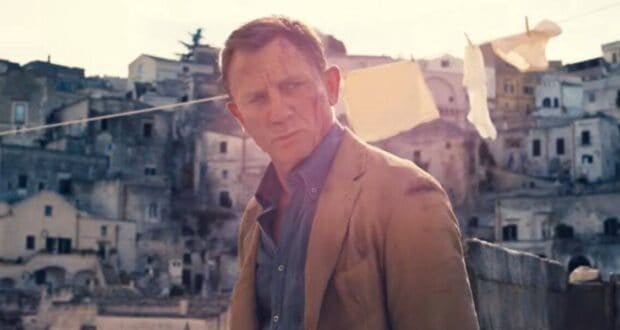 James Bond at a hillside village.