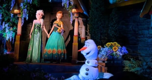 Elsa, Anna, and Olaf during a ride evacuation at Frozen Ever After at EPCOT.